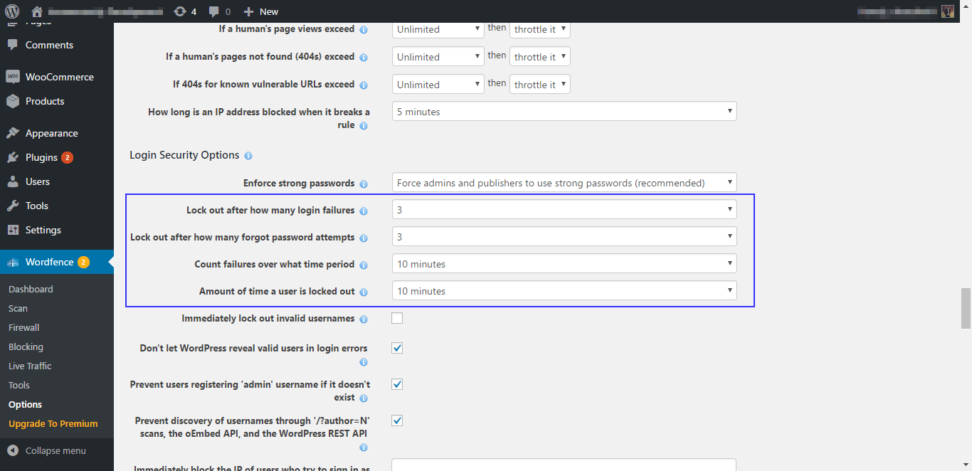 Limit number of login attempts via Wordfence plugin