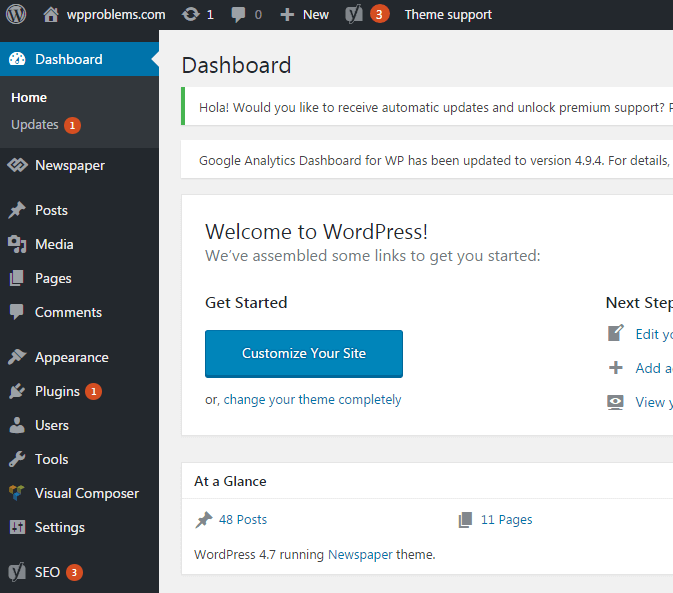 admin area in wordpress