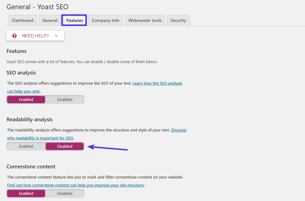 WordPress yoast feature tab