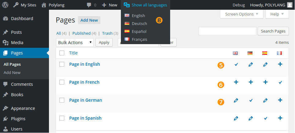 pages list table and filter language