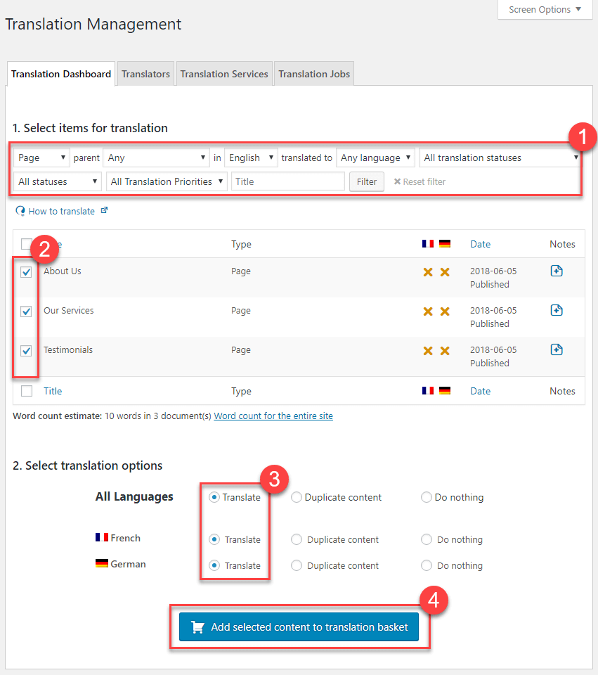 translation using the translation management dashboard