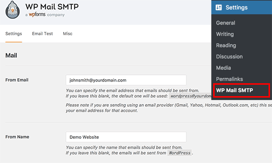 WP Mail SMPT settings