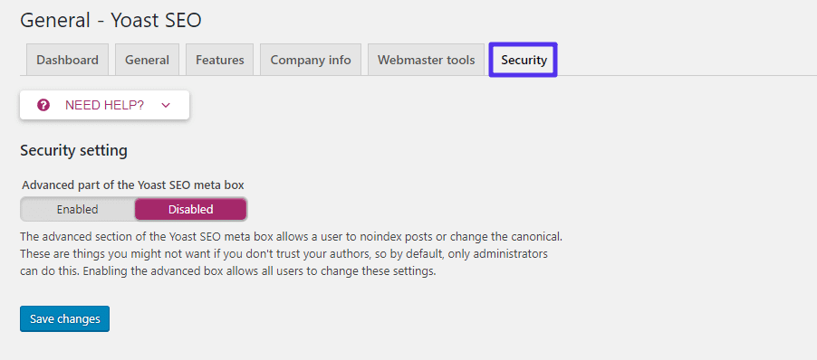 yoast plugin security tab