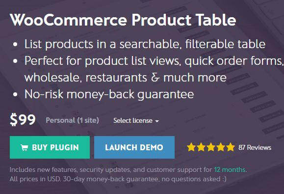 WooCommerce product table