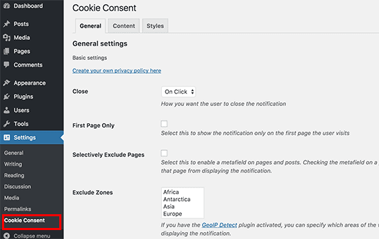 cookie consent settings