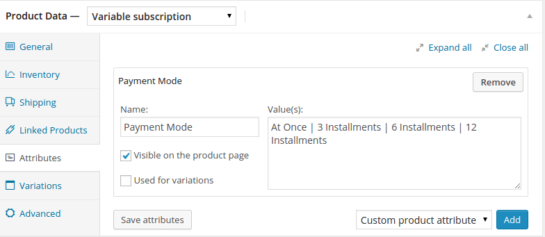 installment set attribute