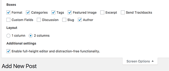 screen options post edit