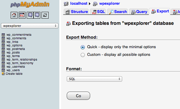 export wordpress database