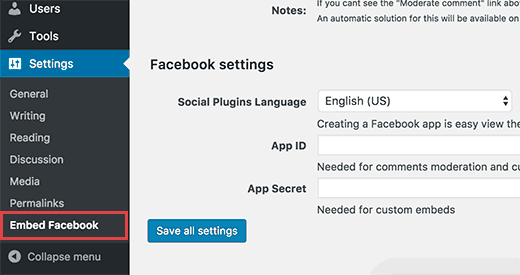 embed fb settings