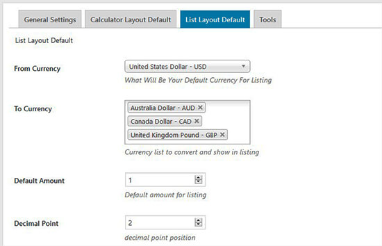 default setting list