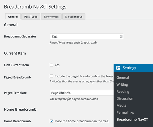 Breadcrumb NavXT page configure the settings