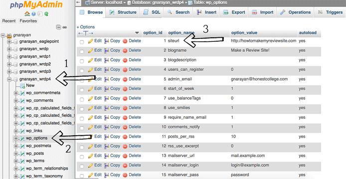 phpMyAdmin dashboard