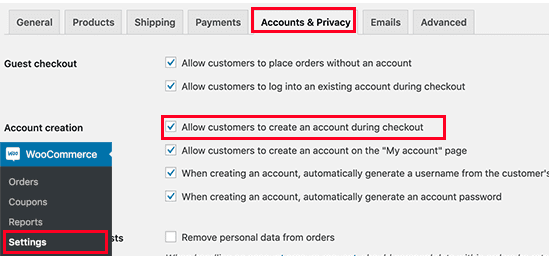 WooCommerce settings account tab