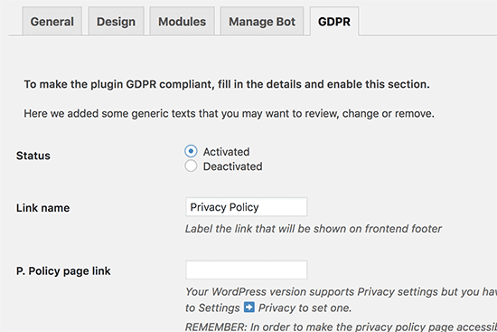 gdpr settings