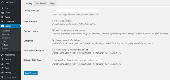 Listable Listing Settings page